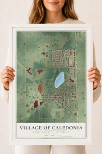 Map of Caledonia, Michigan, 18 x 24 inch print in a white wood frame