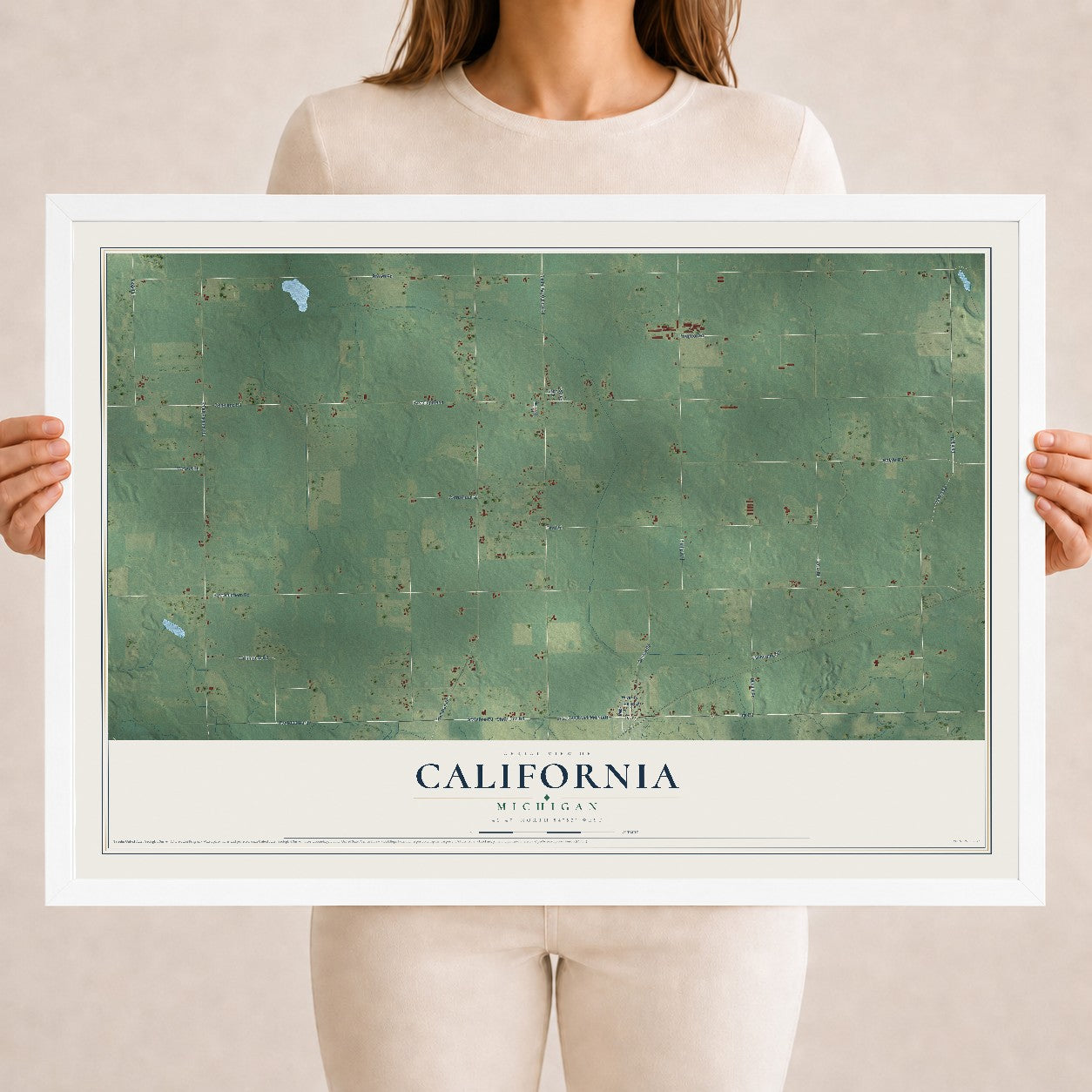 Map of California, Michigan, 18 x 24 inch print in a white wood frame