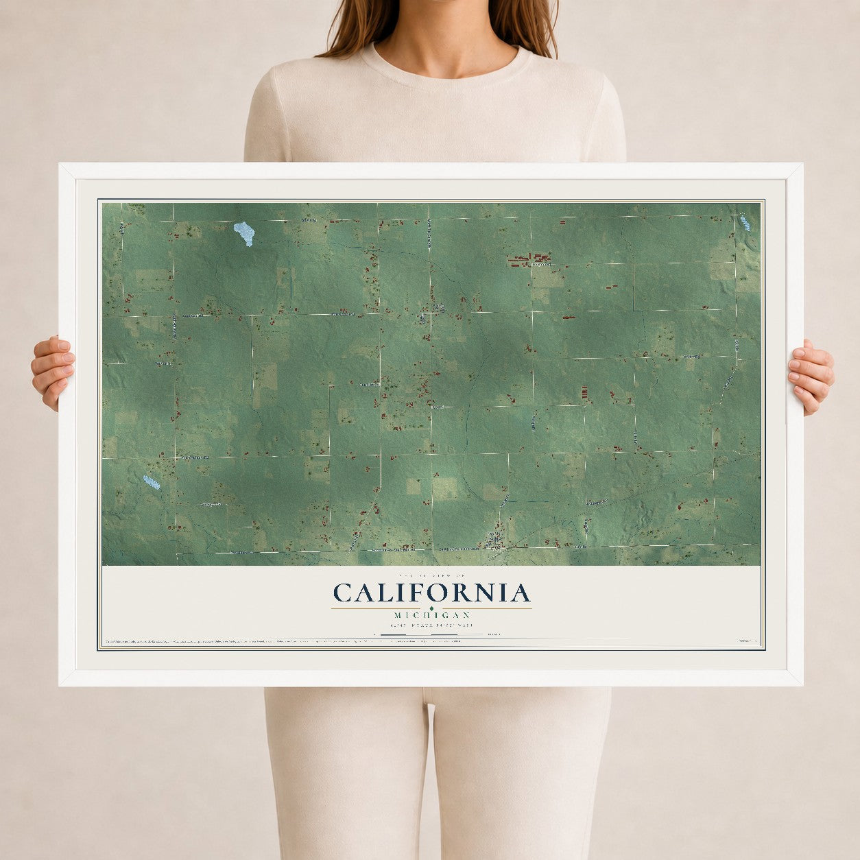 Map of California, Michigan, 24 x 36 inch print in a white wood frame