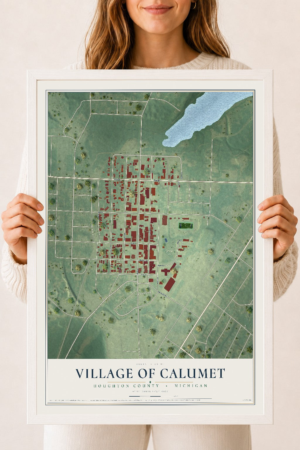 Map of Calumet, Michigan, 18 x 24 inch print in a white wood frame