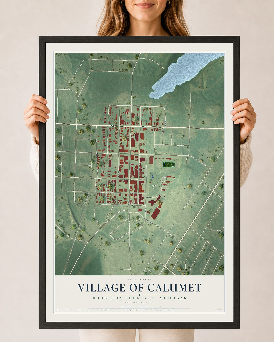 Map of Calumet, Michigan, 24 x 36 inch print in a black wood frame