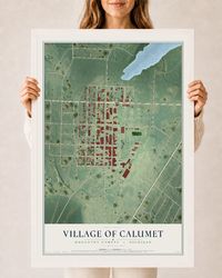 Map of Calumet, Michigan, 24 x 36 inch print in a white wood frame