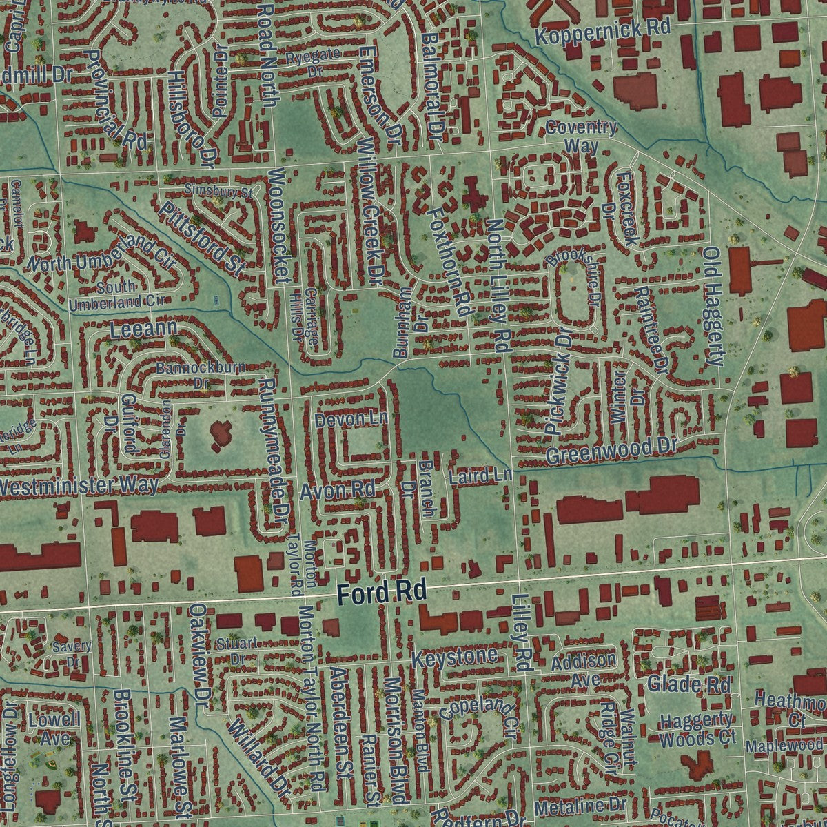 Close-up of the map of Canton, Michigan print showing street and building detail