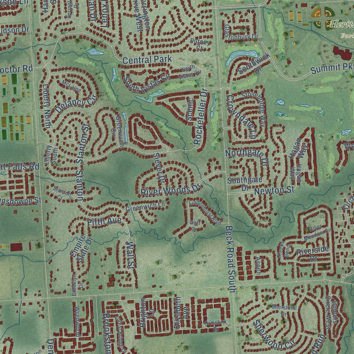 Second close-up of the map of Canton, Michigan print showing more streets and buildings