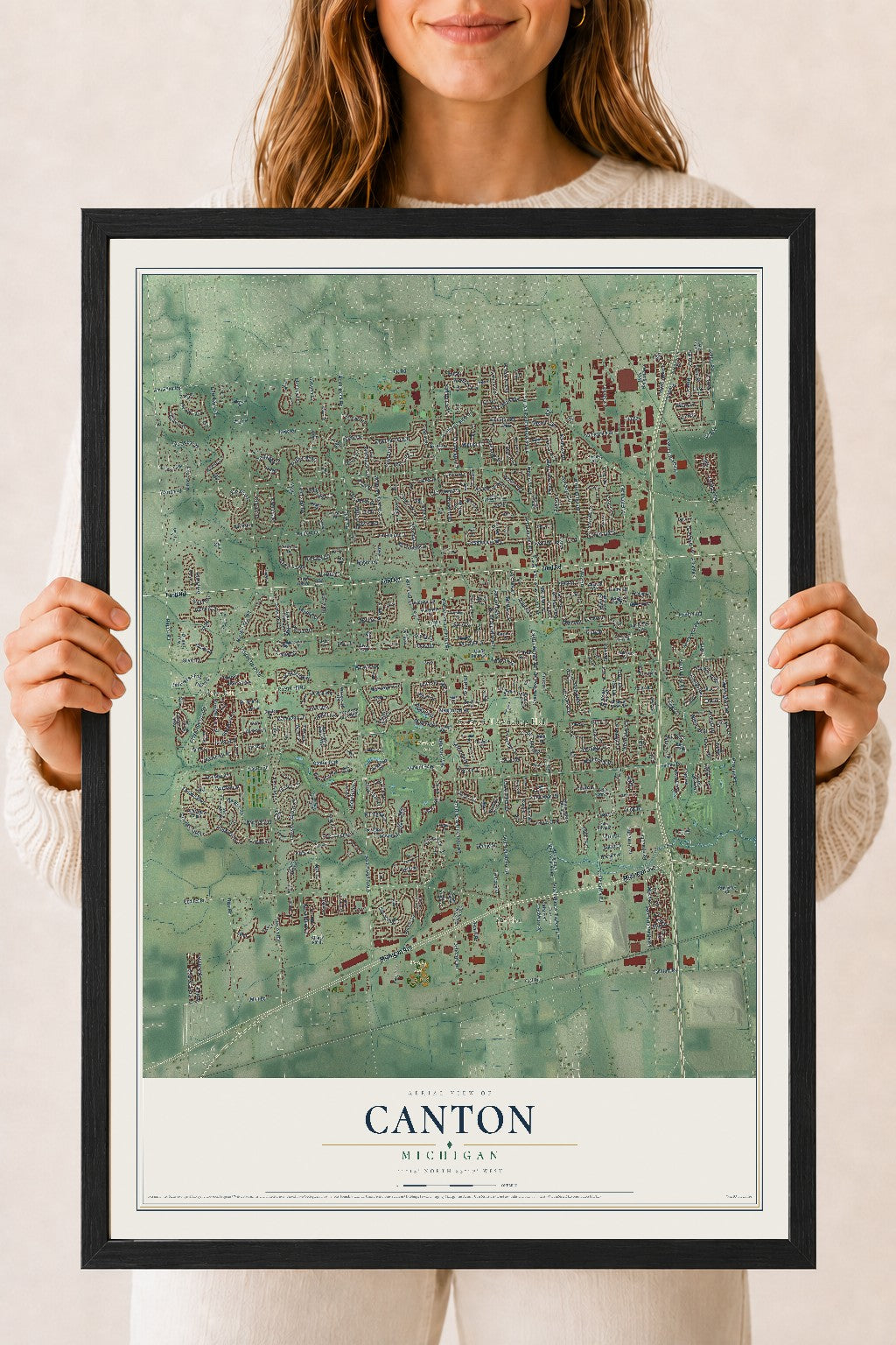 Map of Canton, Michigan, 18 x 24 inch print in a black wood frame