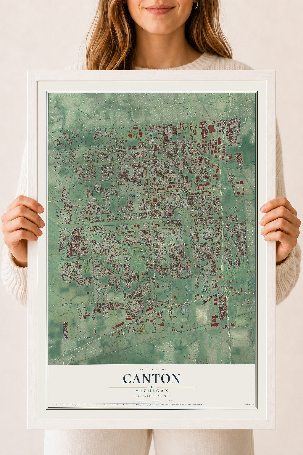 Map of Canton, Michigan, 18 x 24 inch print in a white wood frame