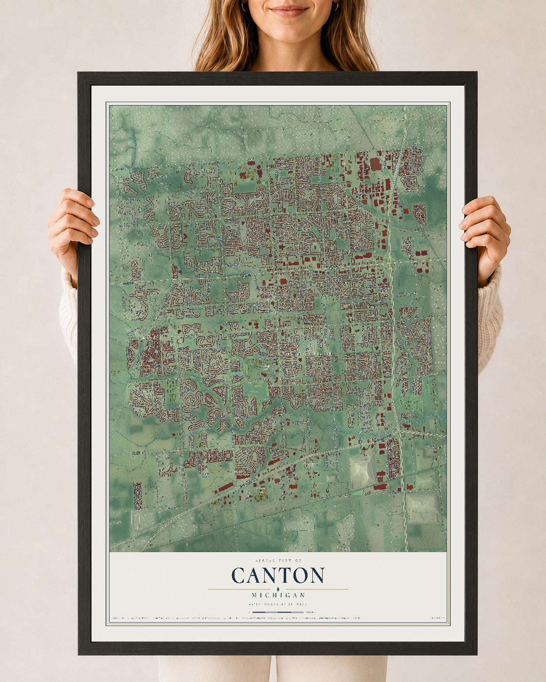 Map of Canton, Michigan, 24 x 36 inch print in a black wood frame