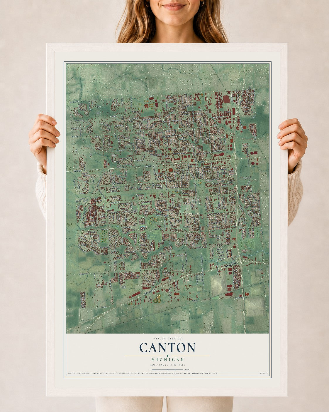 Map of Canton, Michigan, 24 x 36 inch print in a white wood frame