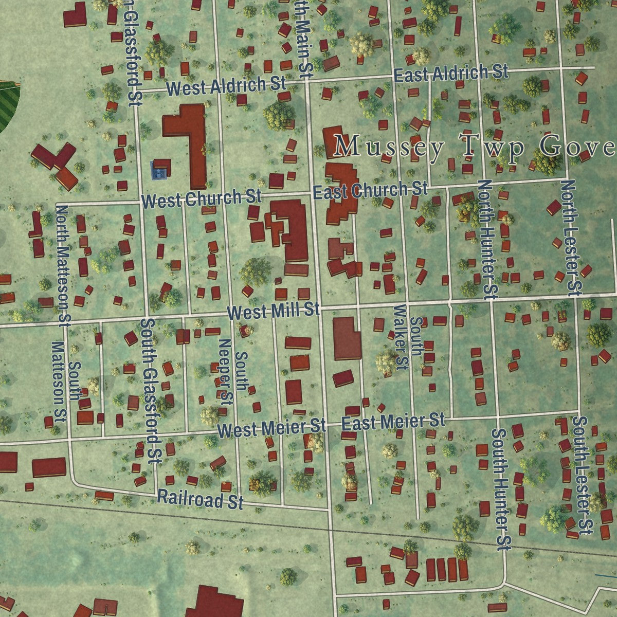 Close-up of the map of Capac, Michigan print showing street and building detail