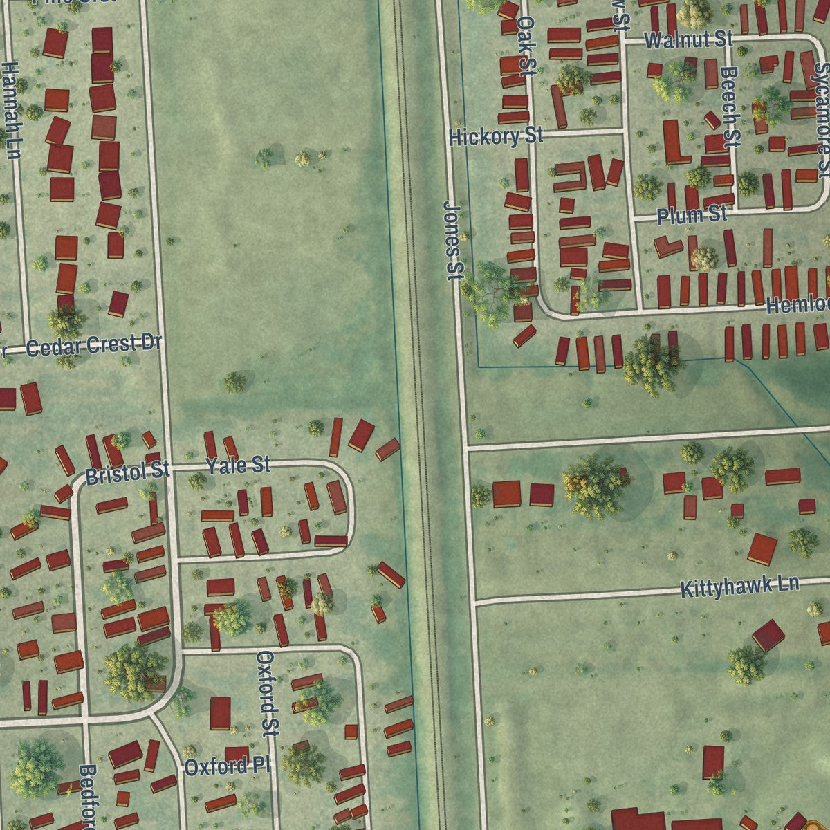 Close-up of the map of Carleton, Michigan print showing street and building detail
