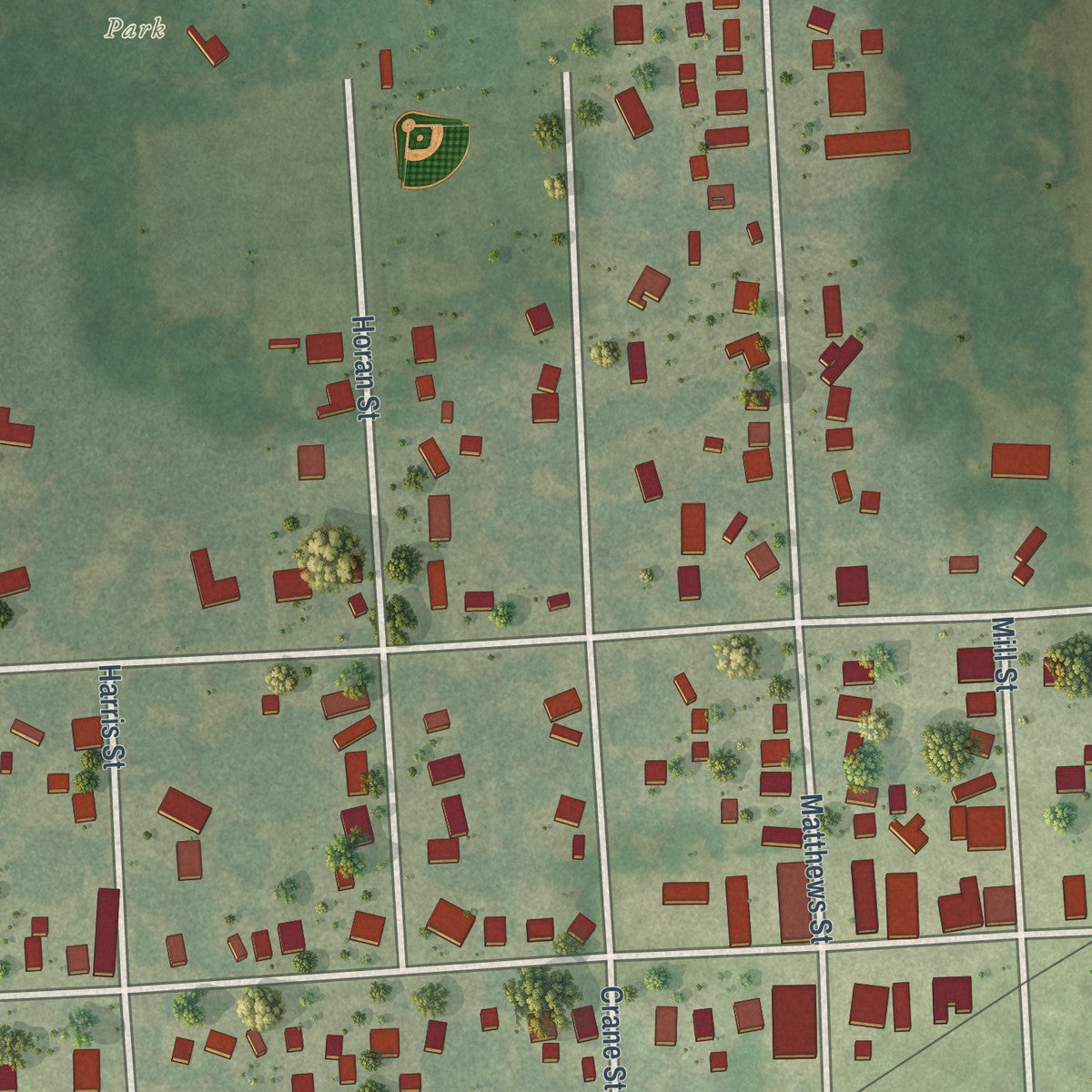 Second close-up of the map of Carleton, Michigan print showing more streets and buildings