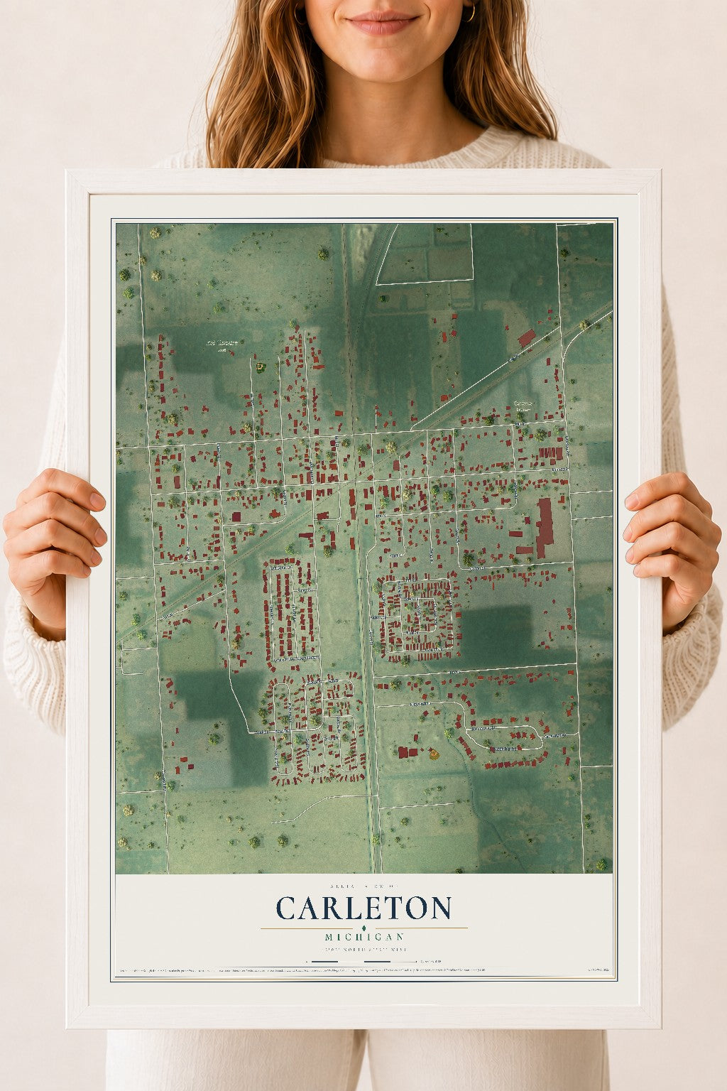 Map of Carleton, Michigan, 18 x 24 inch print in a white wood frame