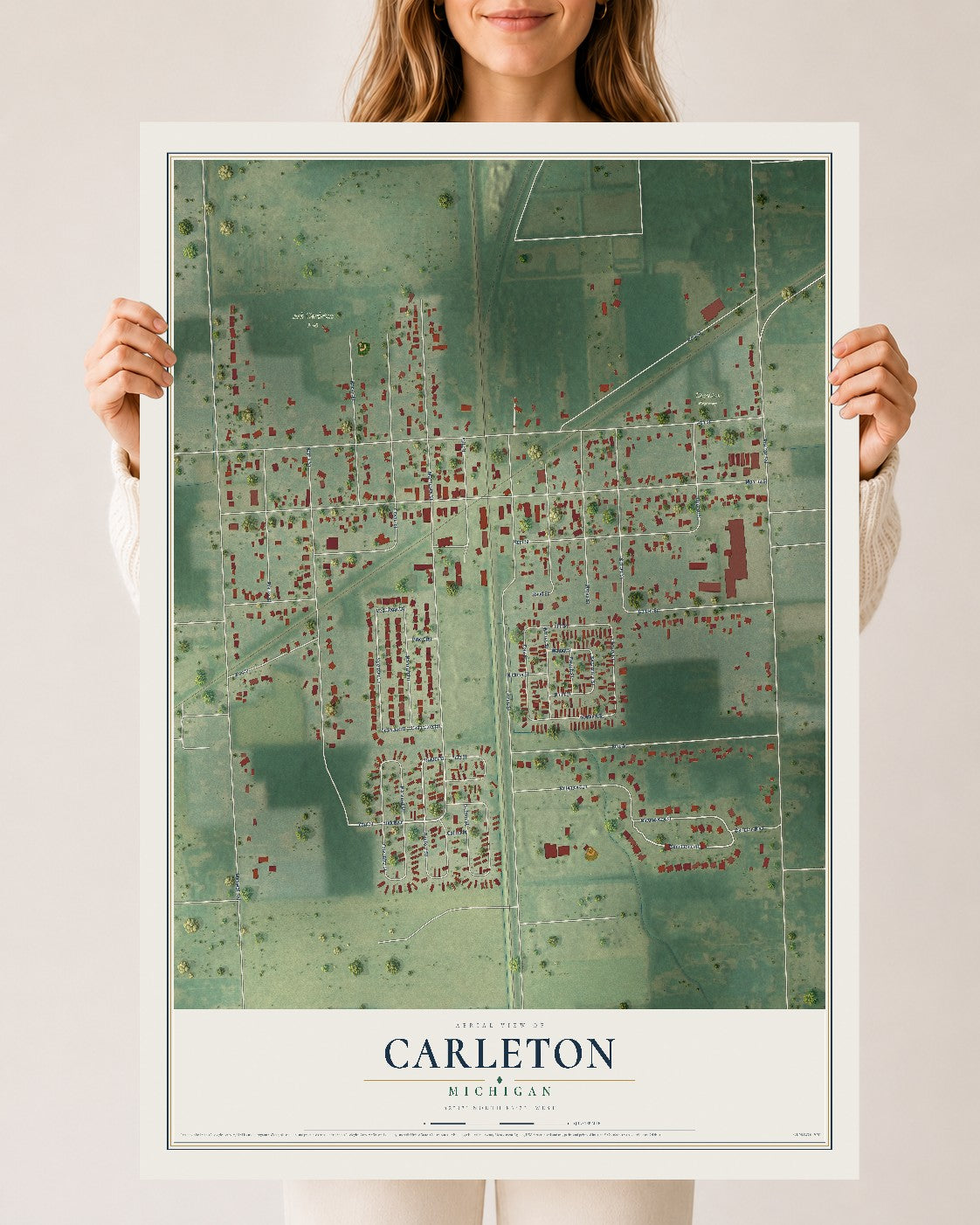 Map of Carleton, Michigan, 24 x 36 inch unframed archival matte print