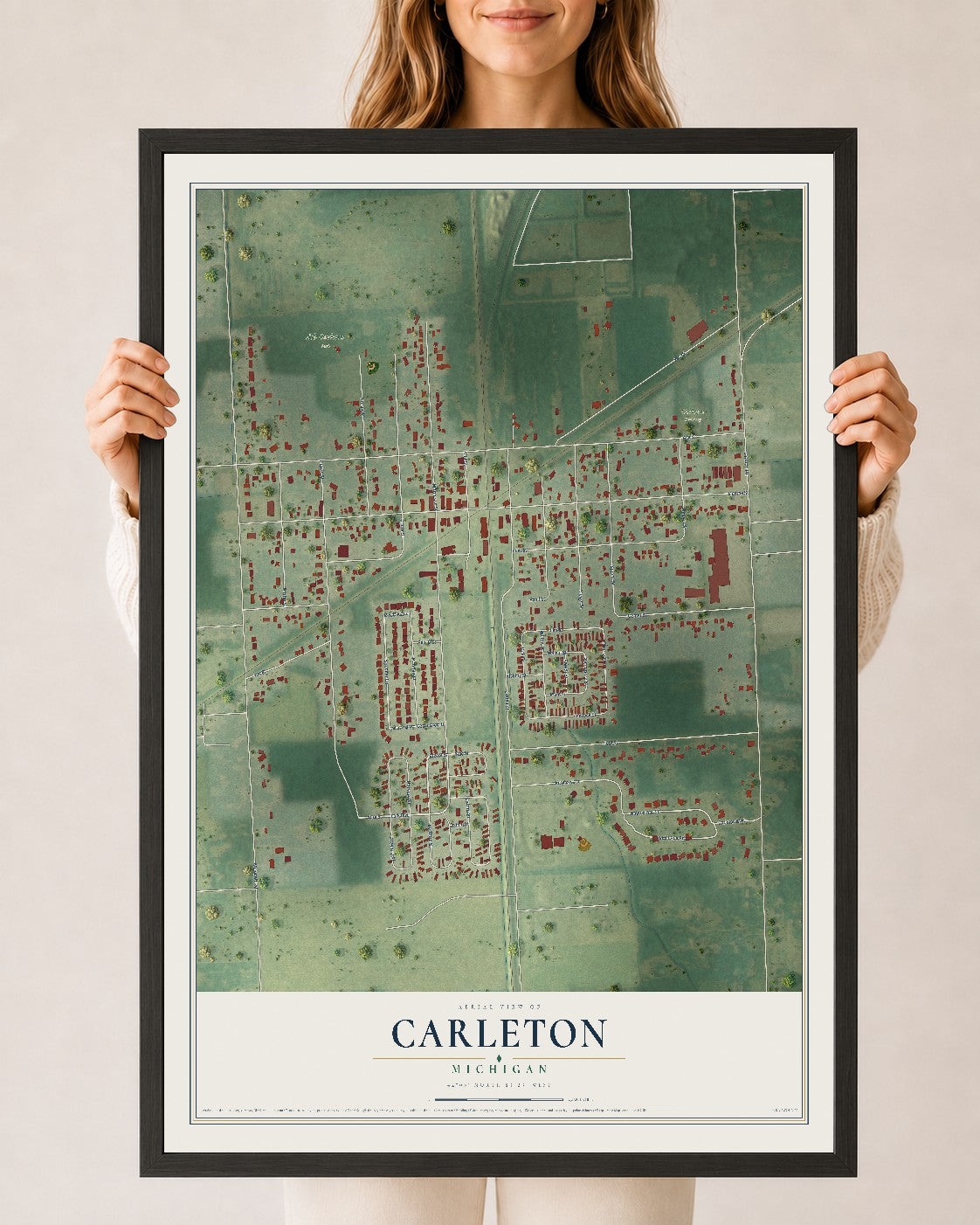 Map of Carleton, Michigan, 24 x 36 inch print in a black wood frame