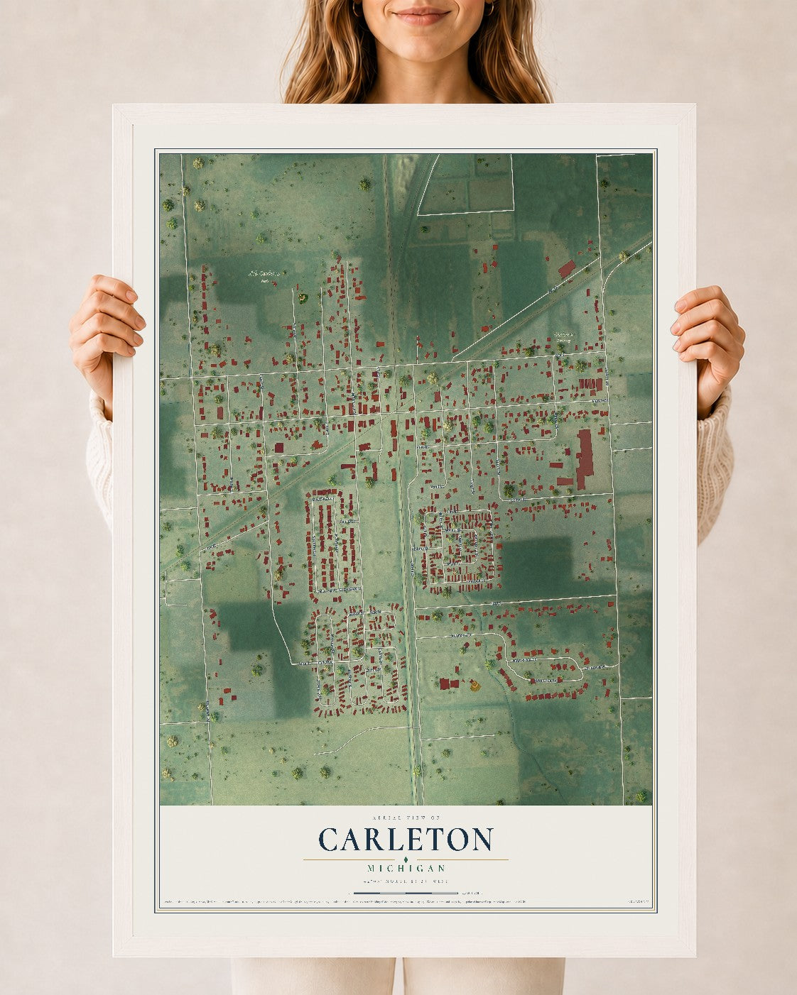 Map of Carleton, Michigan, 24 x 36 inch print in a white wood frame