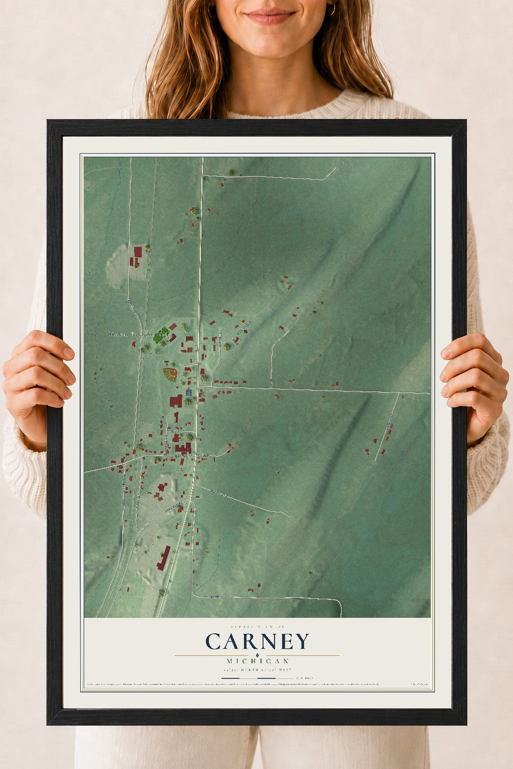 Map of Carney, Michigan, 18 x 24 inch print in a black wood frame