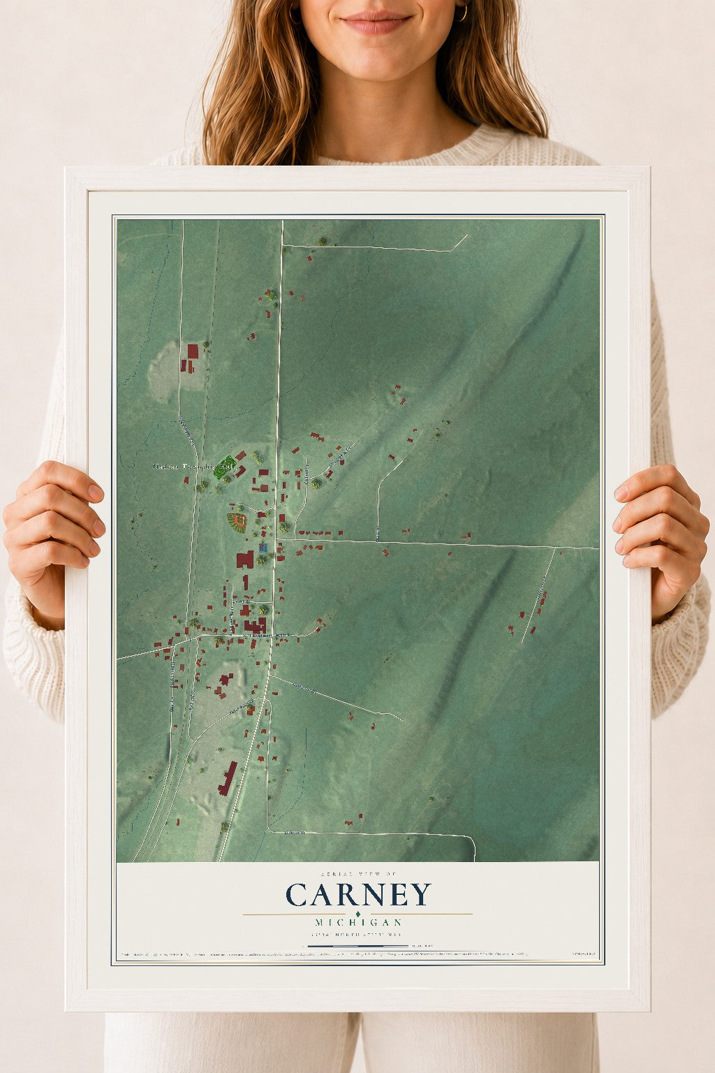 Map of Carney, Michigan, 18 x 24 inch print in a white wood frame