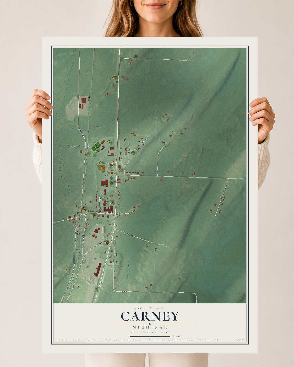 Map of Carney, Michigan, 24 x 36 inch unframed archival matte print