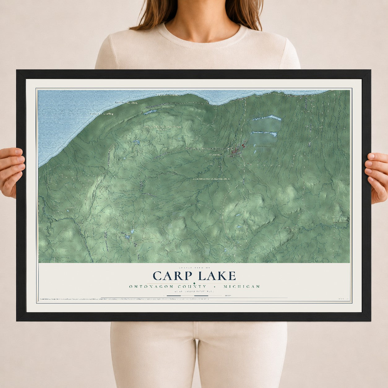 Map of Carp Lake, Ontonagon County, Michigan, 18 x 24 inch print in a black wood frame