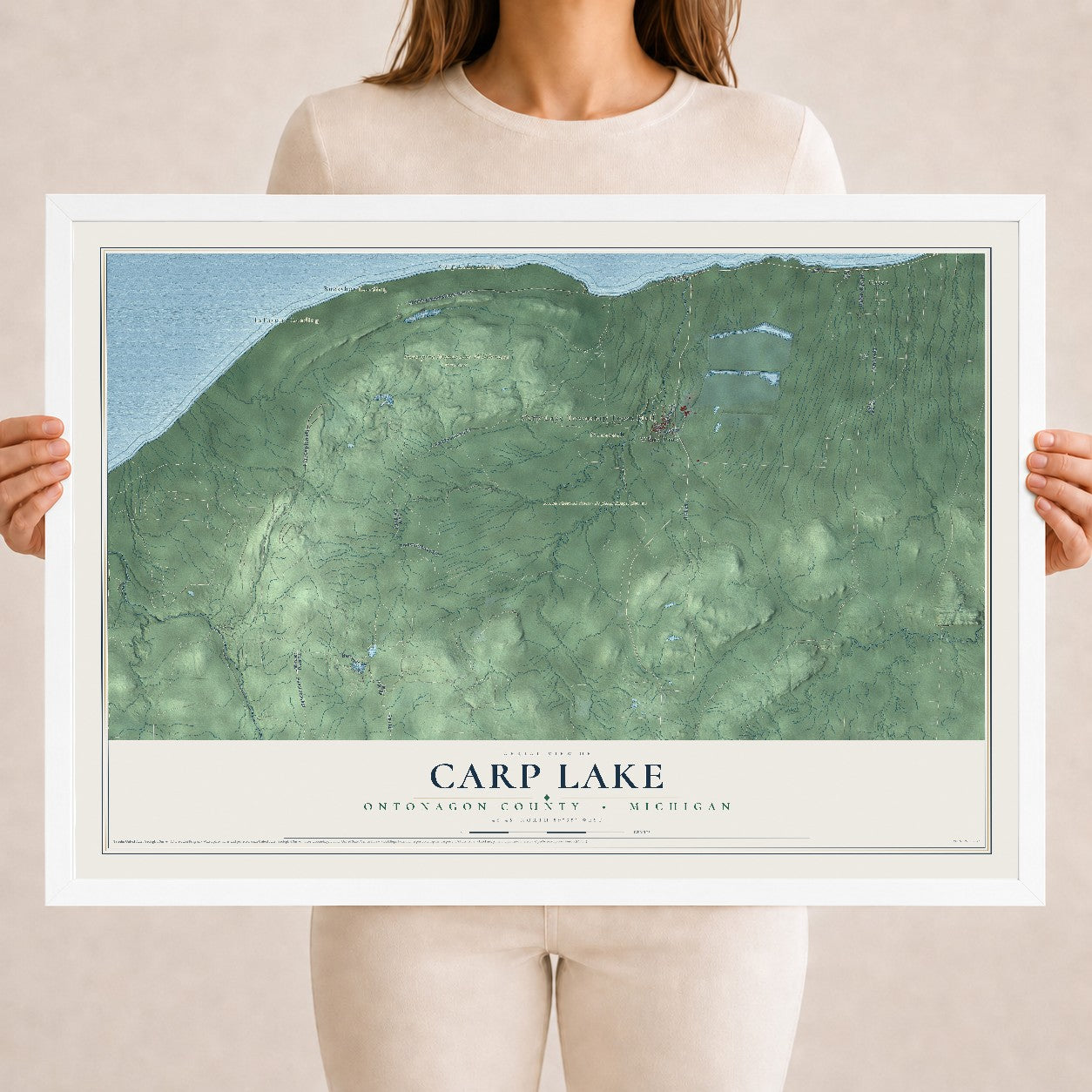 Map of Carp Lake, Ontonagon County, Michigan, 18 x 24 inch print in a white wood frame