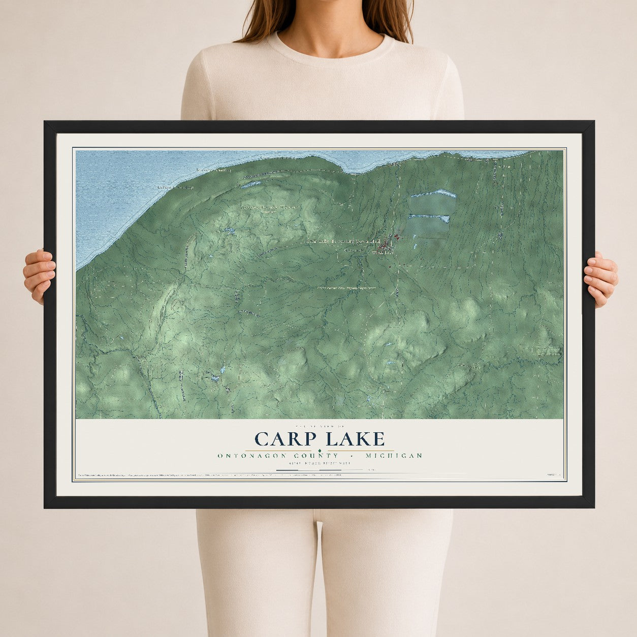 Map of Carp Lake, Ontonagon County, Michigan, 24 x 36 inch print in a black wood frame
