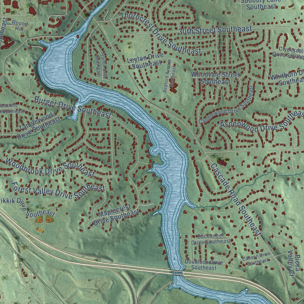 Close-up of the map of Cascade, Michigan print showing street and building detail
