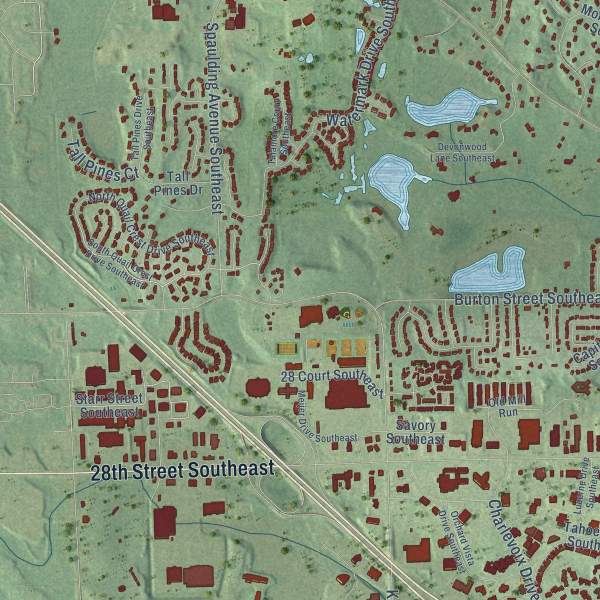Second close-up of the map of Cascade, Michigan print showing more streets and buildings