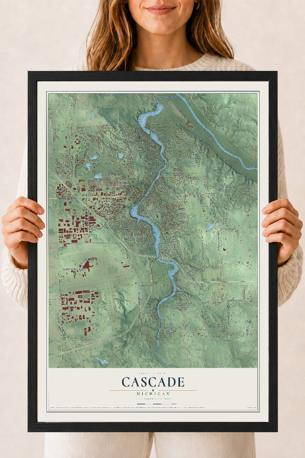 Map of Cascade, Michigan, 18 x 24 inch print in a black wood frame