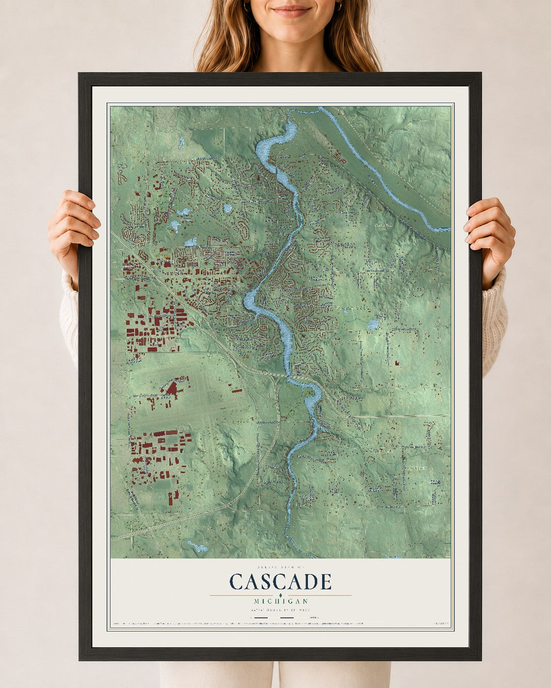 Map of Cascade, Michigan, 24 x 36 inch print in a black wood frame