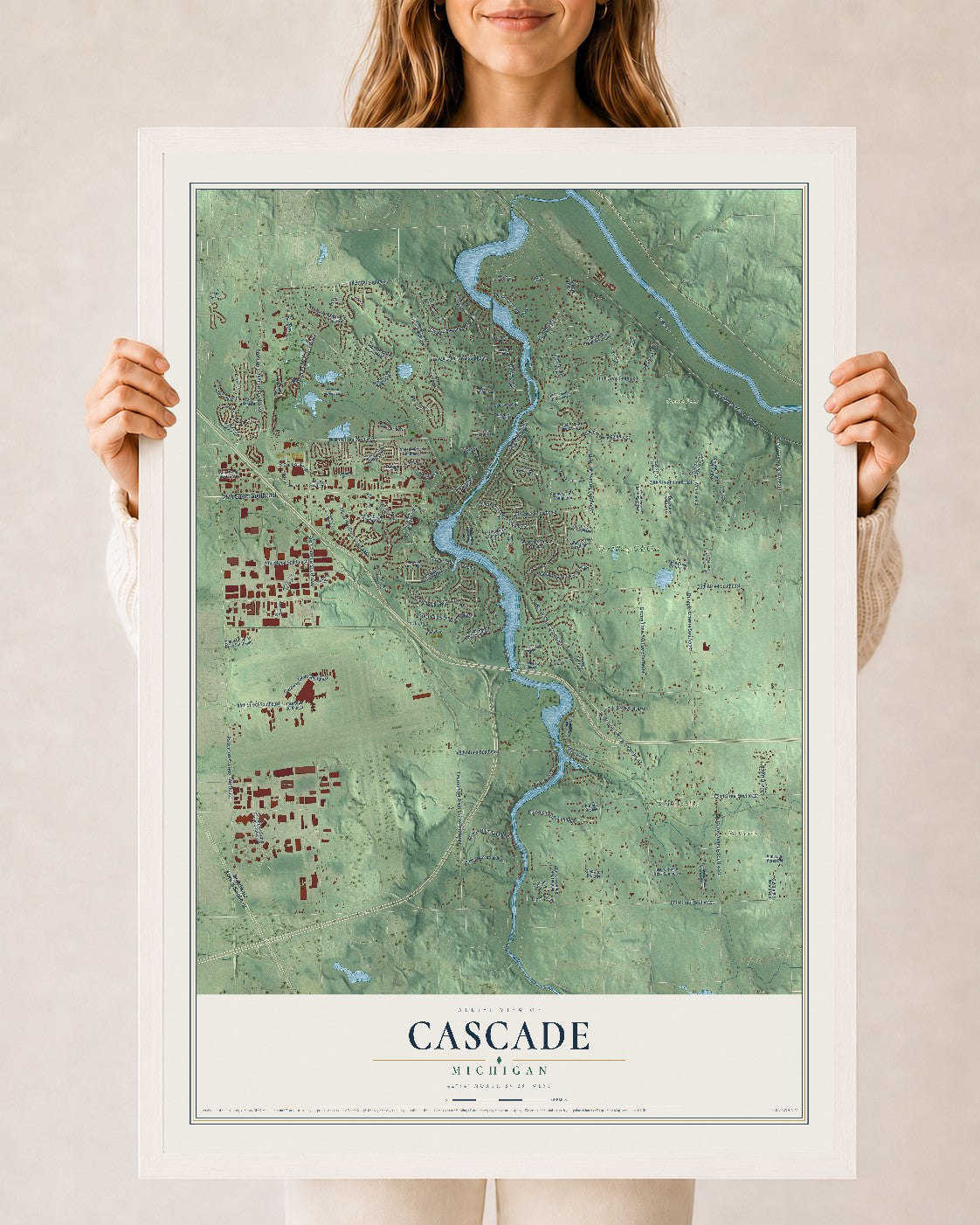 Map of Cascade, Michigan, 24 x 36 inch print in a white wood frame
