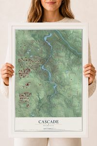 Map of Cascade, Michigan, 18 x 24 inch print in a white wood frame