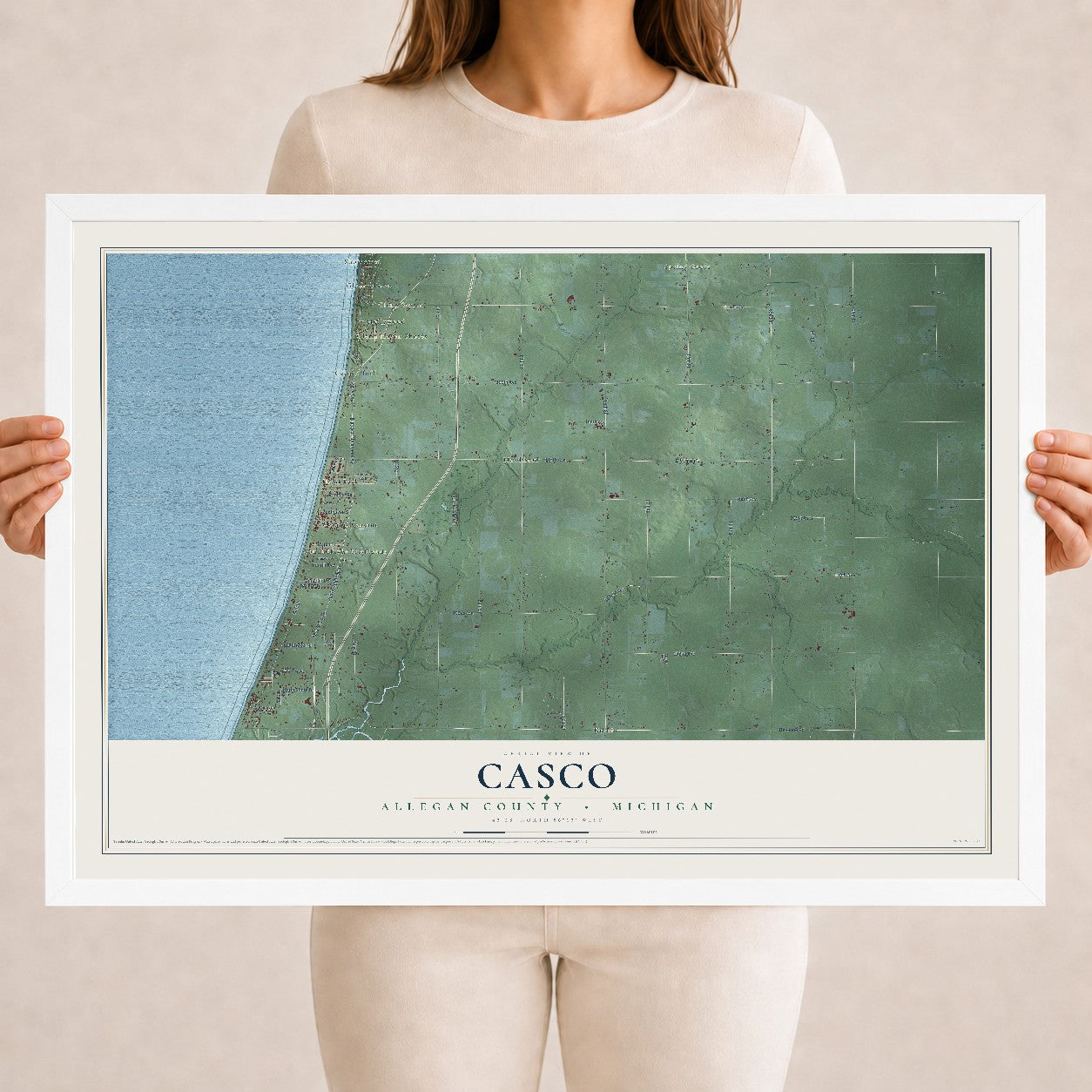 Map of Casco, Allegan County, Michigan, 18 x 24 inch print in a white wood frame