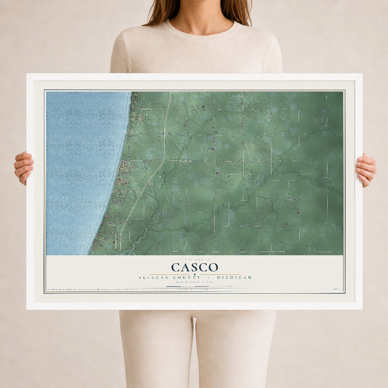 Map of Casco, Allegan County, Michigan, 24 x 36 inch print in a white wood frame