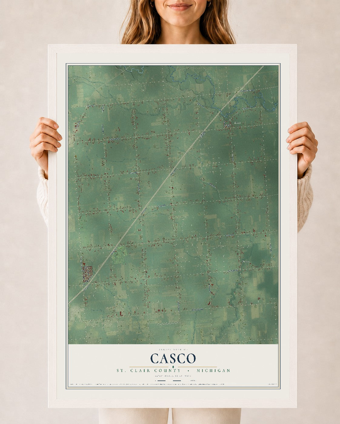 Map of Casco, St. Clair County, Michigan, 24 x 36 inch print in a white wood frame