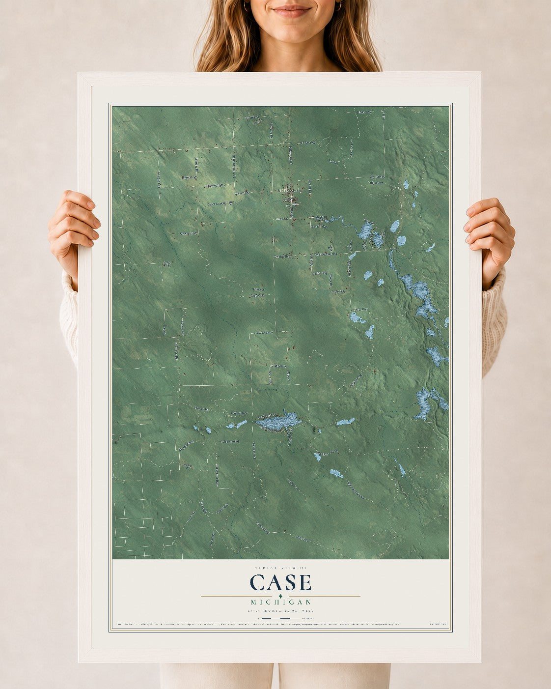Map of Case, Michigan, 24 x 36 inch print in a white wood frame