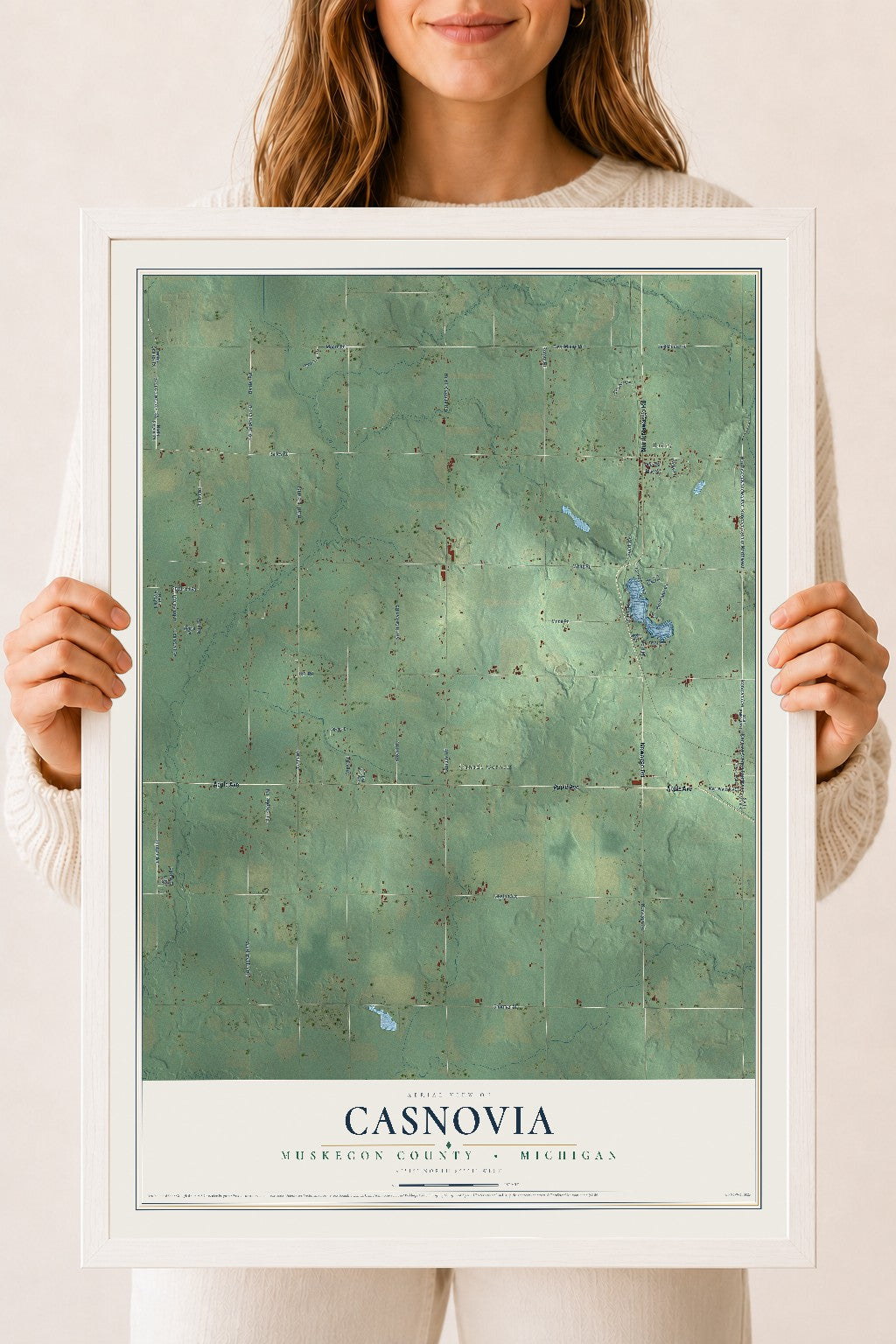 Map of Casnovia, Muskegon County, Michigan, 18 x 24 inch print in a white wood frame