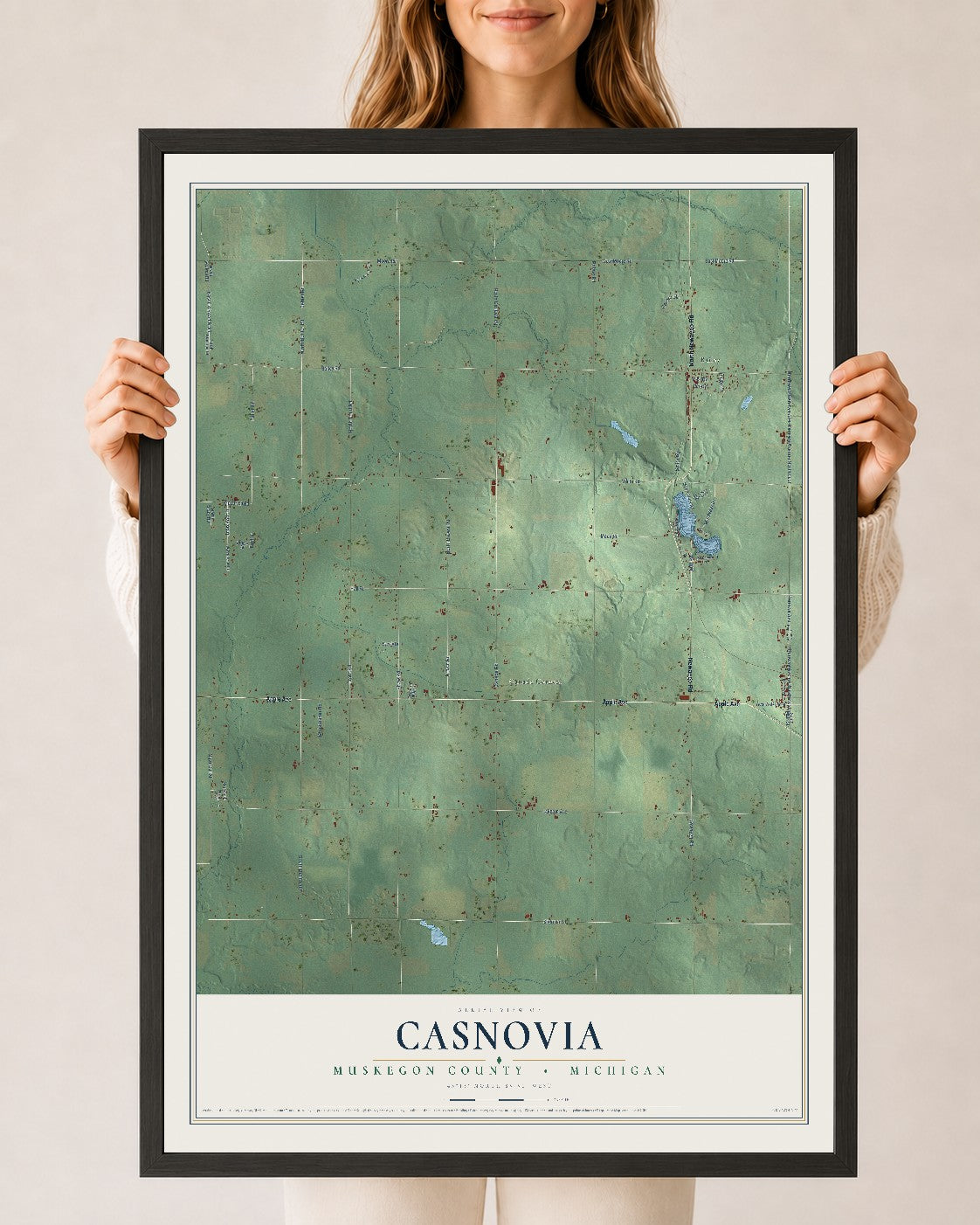 Map of Casnovia, Muskegon County, Michigan, 24 x 36 inch print in a black wood frame
