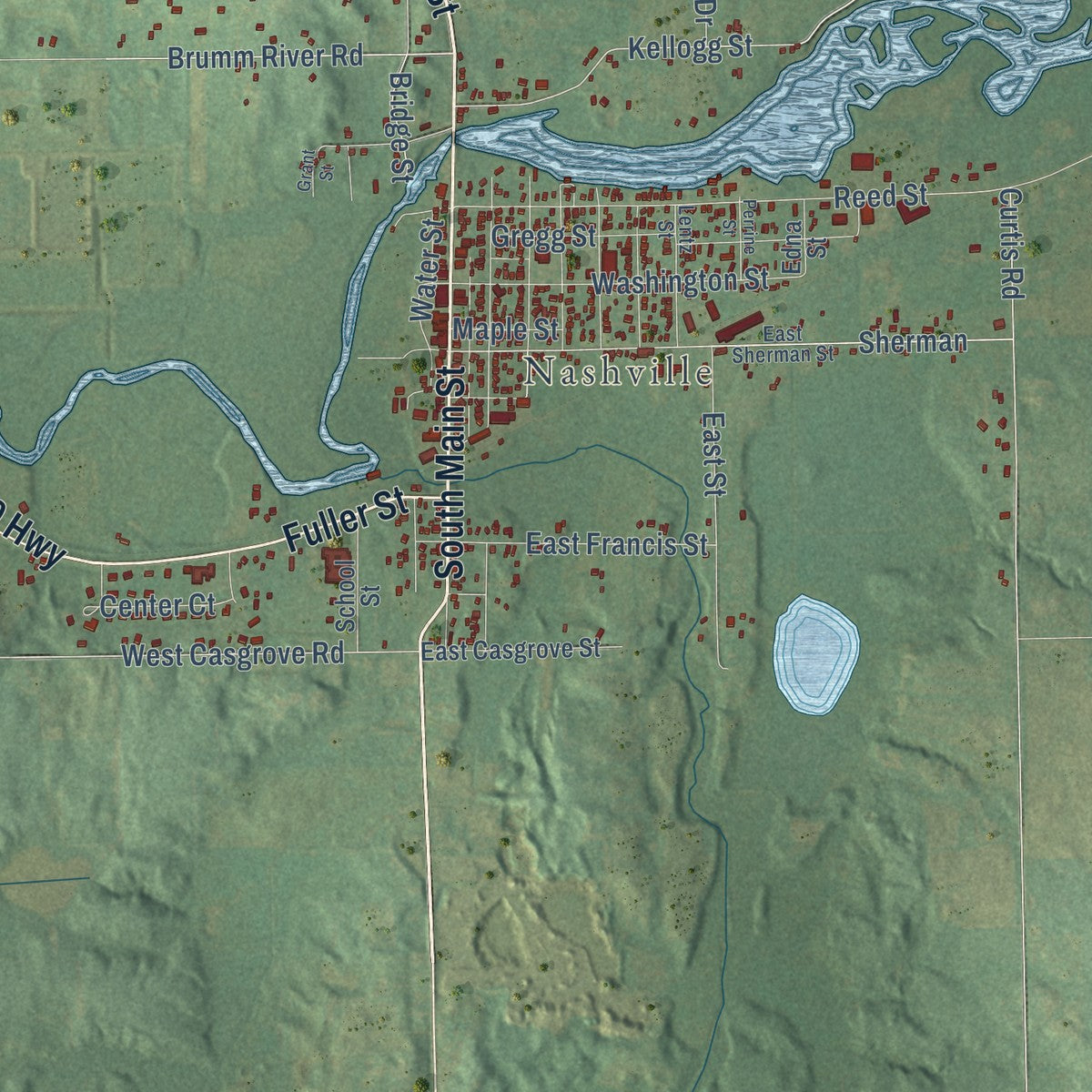 Close-up of the map of Castleton, Michigan print showing street and building detail