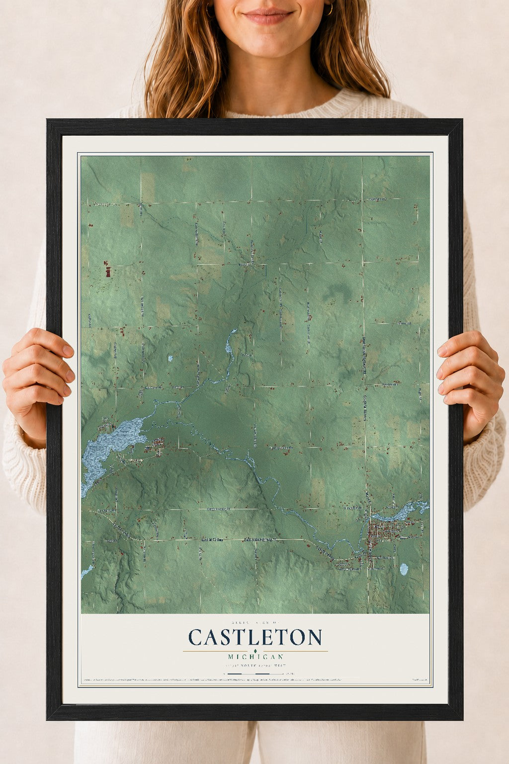 Map of Castleton, Michigan, 18 x 24 inch print in a black wood frame