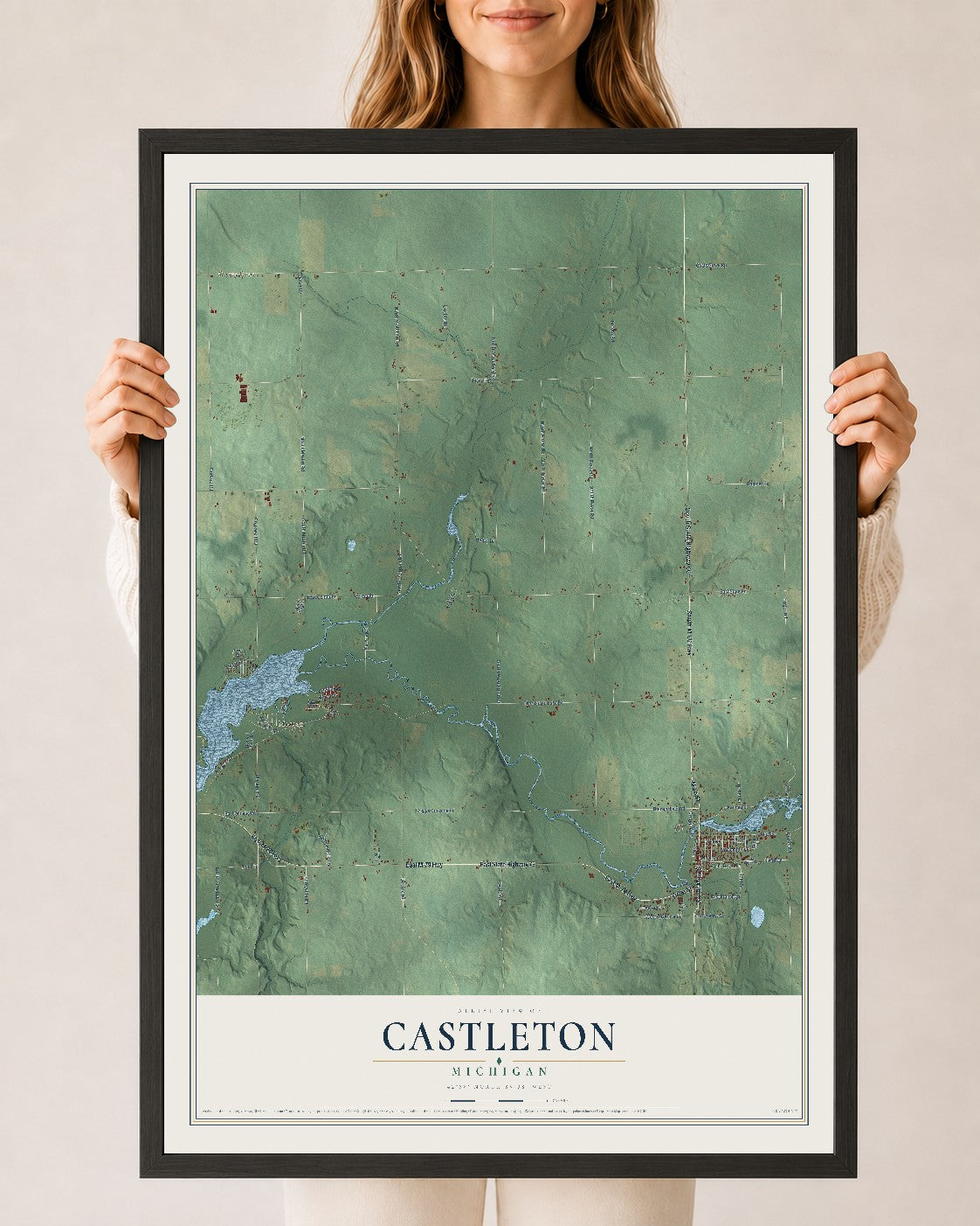 Map of Castleton, Michigan, 24 x 36 inch print in a black wood frame
