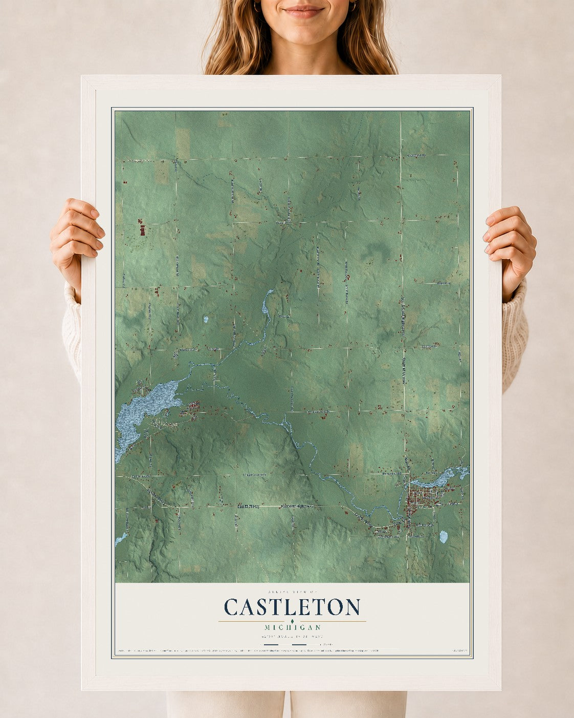 Map of Castleton, Michigan, 24 x 36 inch print in a white wood frame