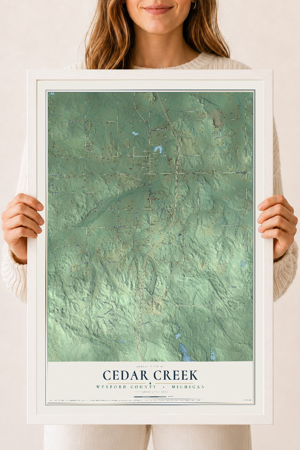 Map of Cedar Creek, Wexford County, Michigan, 18 x 24 inch print in a white wood frame
