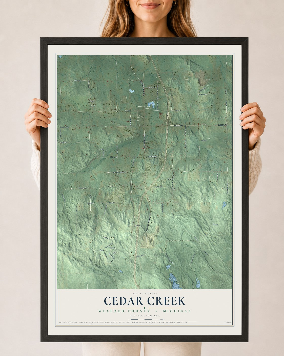 Map of Cedar Creek, Wexford County, Michigan, 24 x 36 inch print in a black wood frame