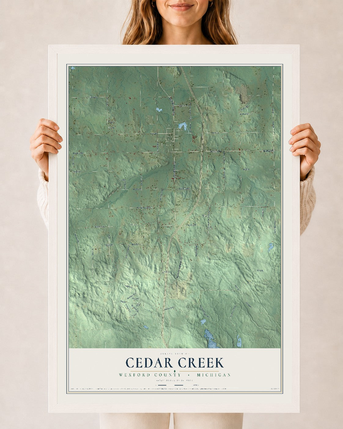 Map of Cedar Creek, Wexford County, Michigan, 24 x 36 inch print in a white wood frame