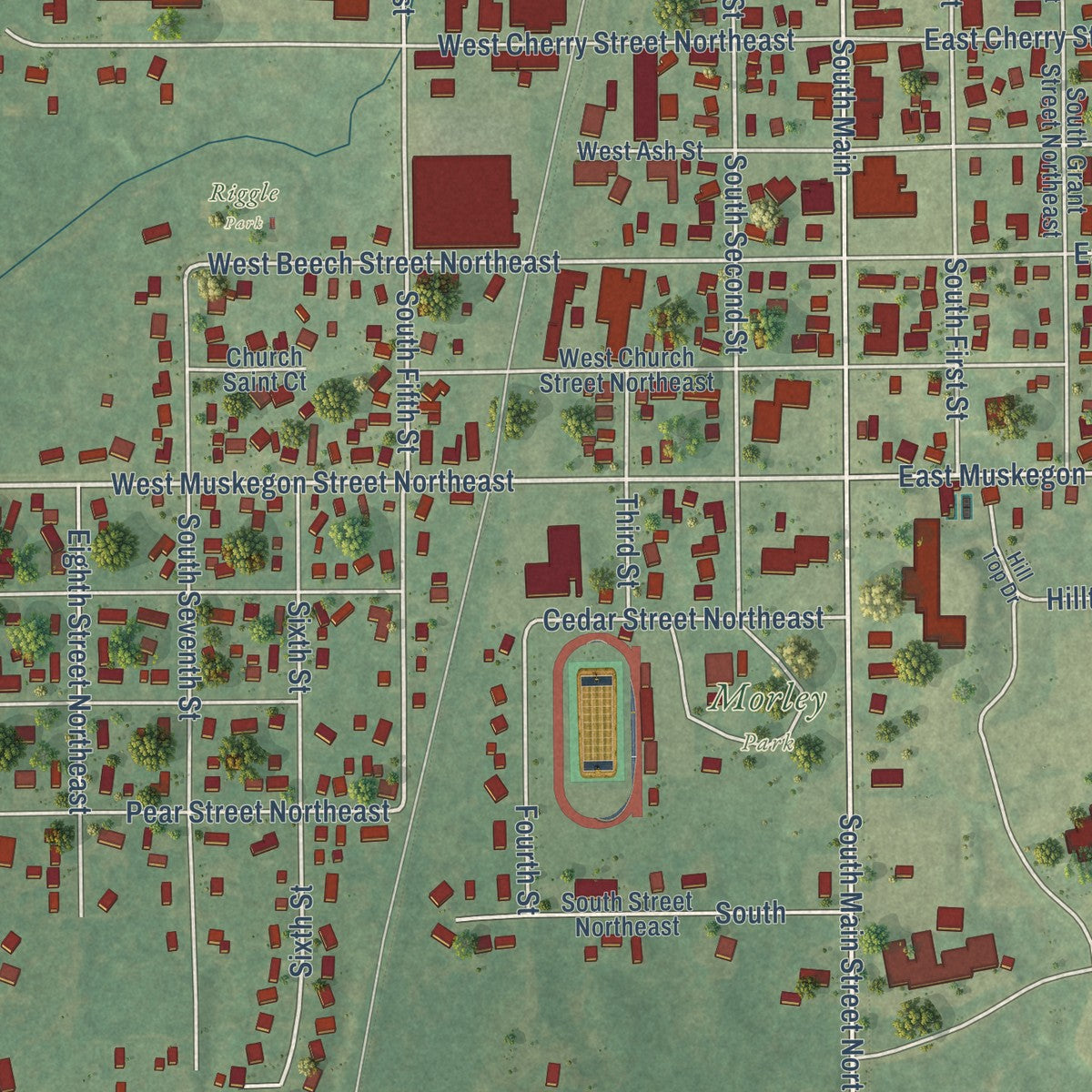 Close-up of the map of Cedar Springs, Michigan print showing street and building detail