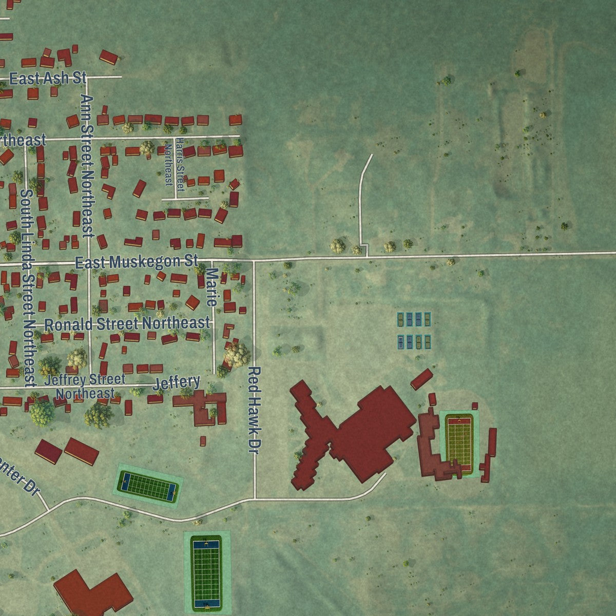 Second close-up of the map of Cedar Springs, Michigan print showing more streets and buildings
