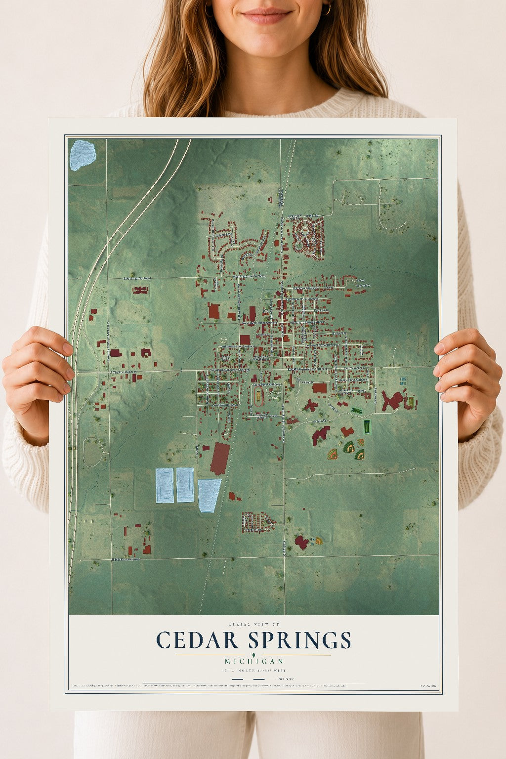Map of Cedar Springs, Michigan, 18 x 24 inch unframed archival matte print