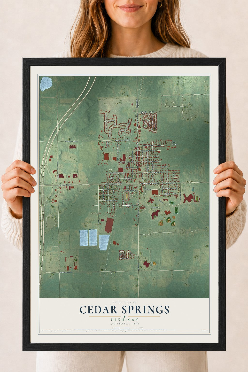 Map of Cedar Springs, Michigan, 18 x 24 inch print in a black wood frame