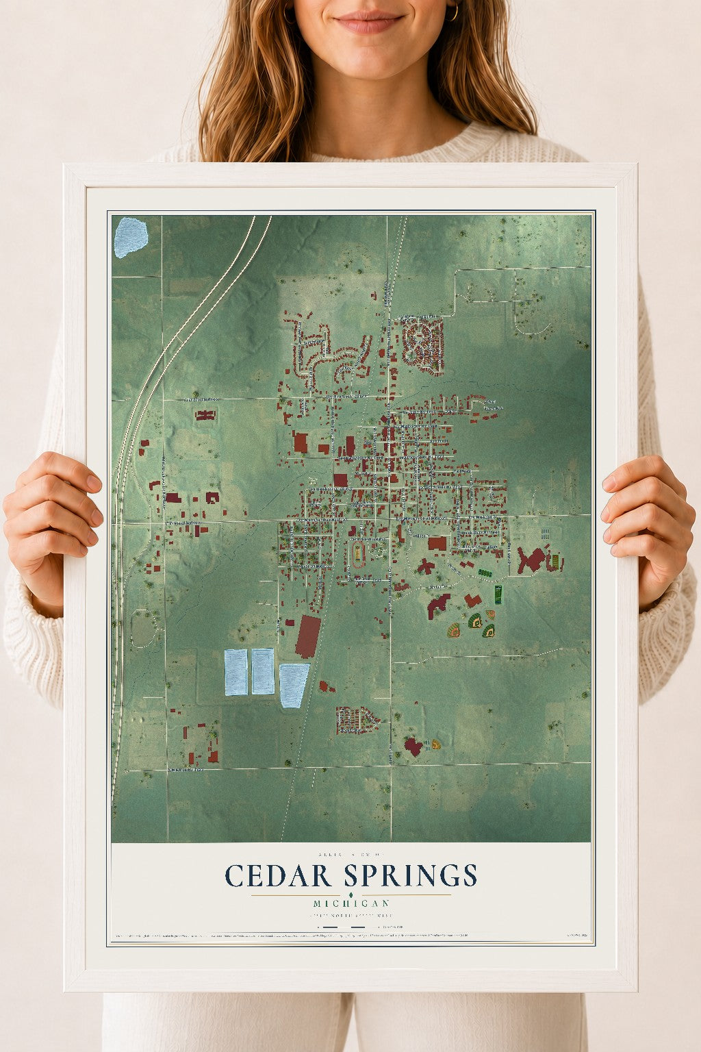 Map of Cedar Springs, Michigan, 18 x 24 inch print in a white wood frame