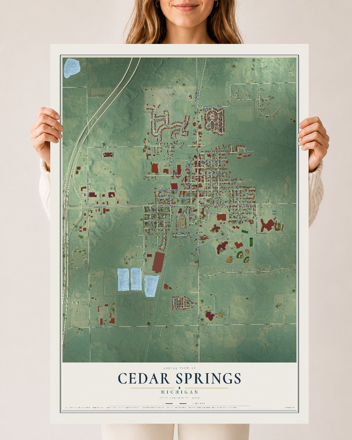 Map of Cedar Springs, Michigan, 24 x 36 inch unframed archival matte print